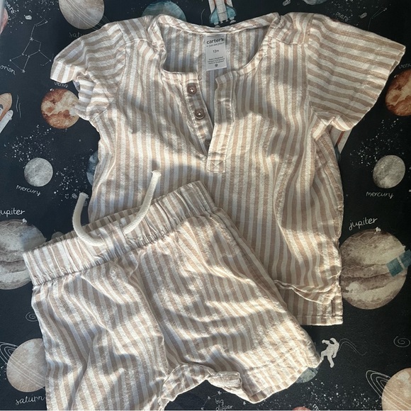 baby brown and cream linen outfit matching set - Picture 3 of 4